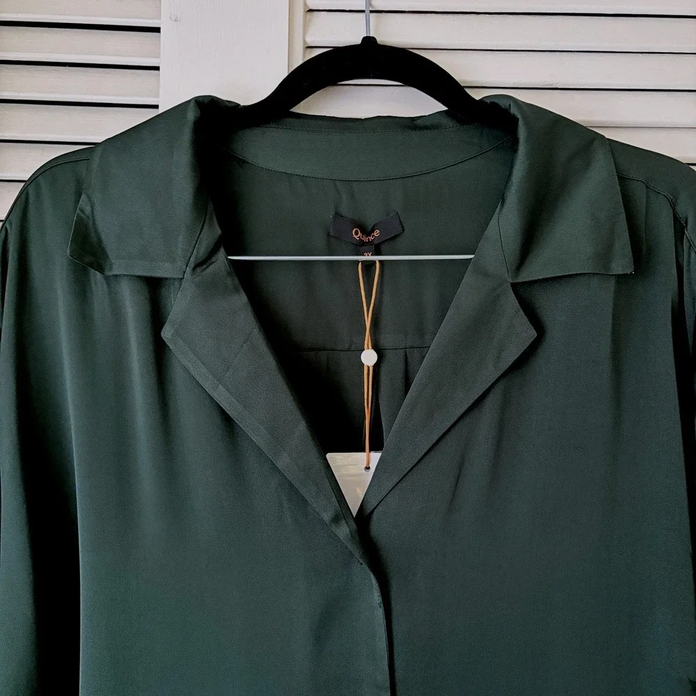 Quince Plus Size Stretch Silk Notch Collar Blouse Forest Green Women's 3X NWT